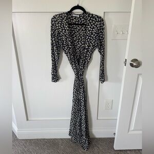 Ganni Navy and Cream Floral Long Sleeve Wrap Dress